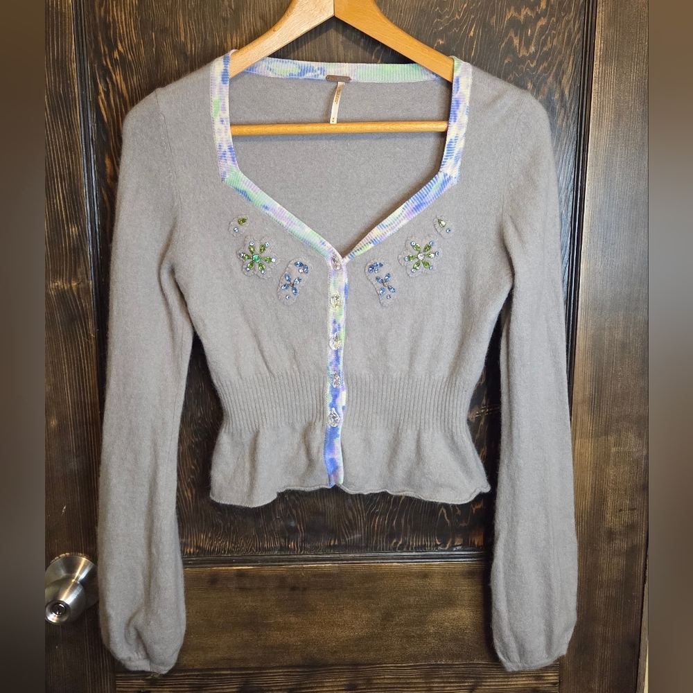 Vintage 90s Free People Gray Angora & Wool Cardigan w/ Gems And Bead Accents